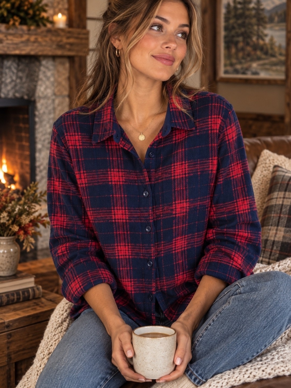 Red Navy Plaid Flannel Shirt XXL Cozy Cabin Core Heritage Button Up Lodge
